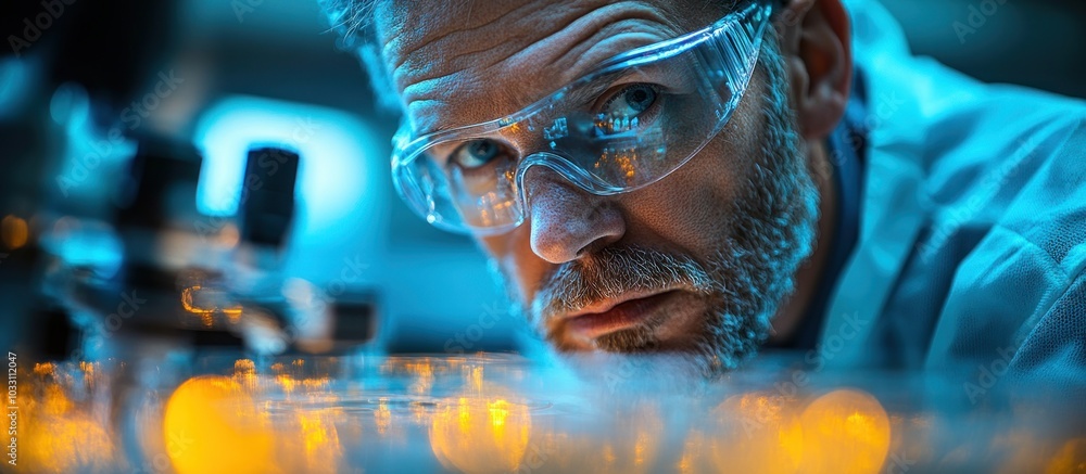 Poster a focused scientist examines samples under a microscope in a laboratory setting.