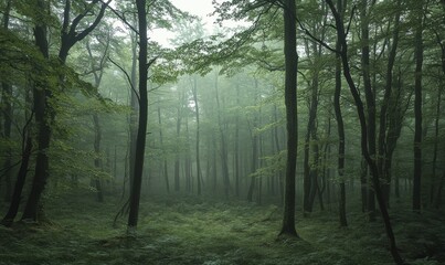 Fototapeta premium Dense forest with tall trees and fog.