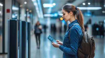 A female security officer standing next to a security checkpoint, scanning IDs and ensuring proper security protocols are followed