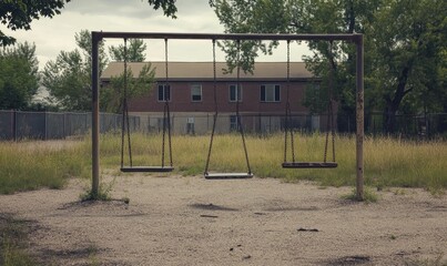 Three empty swings hang in front of an abandoned building.