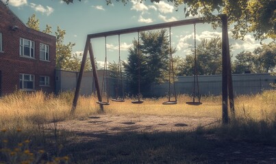 Fototapeta premium Empty swing set in overgrown backyard.