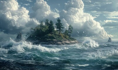 Rocky island with trees in a stormy sea.