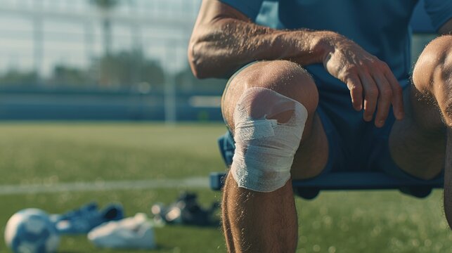 A professional athlete with a bandaged knee sitting on a bench. Sports equipment lies nearby. injury,sports injury, recovery, pain, suffering, frustration, strong, football, Intensity, Challenge