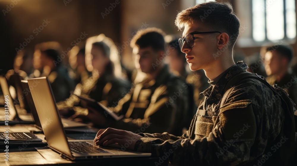 Poster a group of army students attending a lecture in a military academy, with textbooks and laptops, show