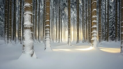 Obraz premium Sunlight beams through a snowy forest with tall, snow-covered pine trees.