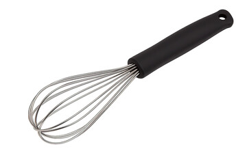 A sleek metallic whisk with a comfortable black handle, ideal for mixing ingredients in cooking and baking tasks.