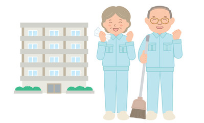 作業着を着たシニアの清掃スタッフとマンション