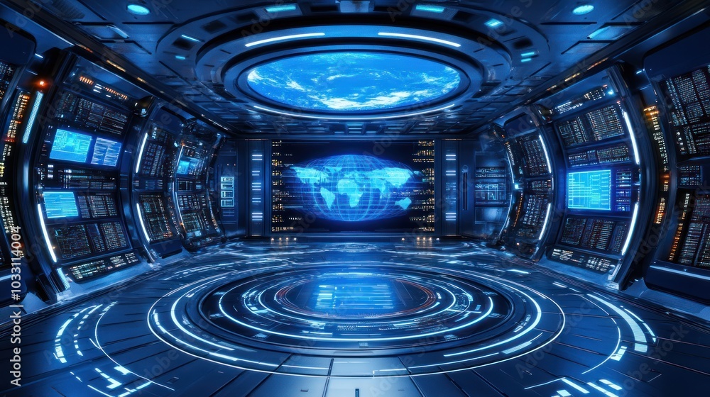 Poster futuristic control room with earth view and digital interface