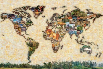 Naklejka premium A mosaic world map created from thousands of small photos, with each country composed of images representing its culture, nature, and landmarks