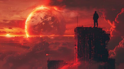 A lone figure stands atop a building, gazing at a fiery planet in the sky amidst a burning, apocalyptic landscape bathed in red light.
