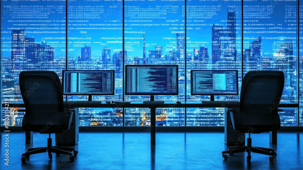 Aufkleber Three Computers and Two Chairs Facing a Window with a Nighttime City View