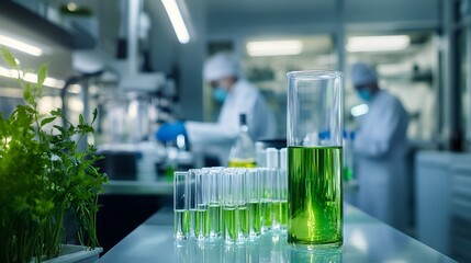 Green Liquid in Test Tubes and a Beaker in a Laboratory Setting