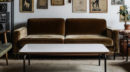 A white coffee table with a brown velvet sofa in the background.