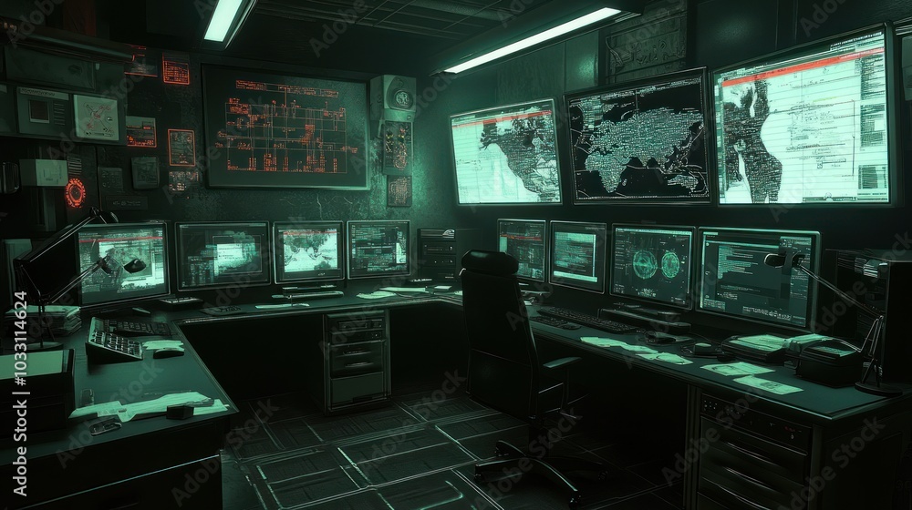 Poster Hacker's Workstation with Multiple Monitors Displaying Data and Maps