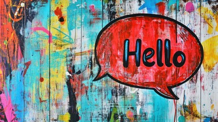 A red speech bubble with the word "Hello" in black lettering on a colorful, abstract background.