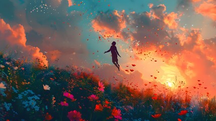 A figure floats peacefully in a vibrant, magical field of flowers as petals dance in the sunset sky, evoking a dreamlike and surreal atmosphere.