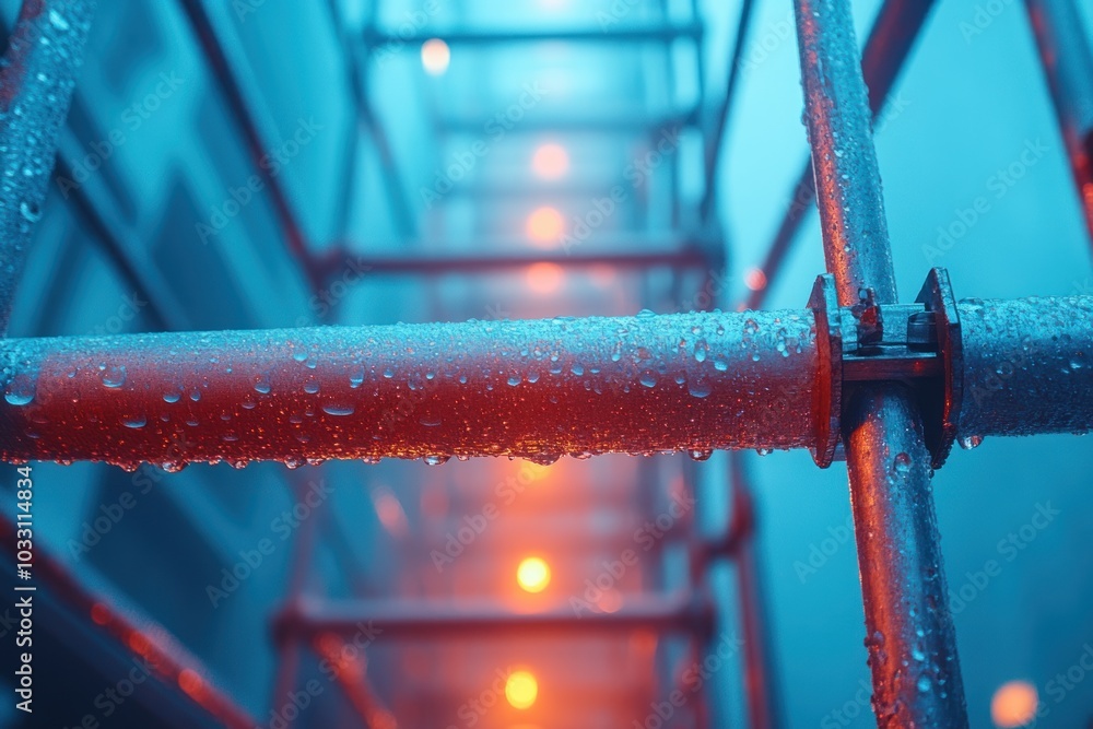 Poster a close-up of a wet scaffolding structure illuminated by soft orange lights in a foggy setting.