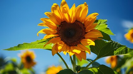 A bright sunflower in full bloom against a clear blue sky, showcasing its yellow petals and intricate seed pattern.