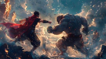 A dramatic battle scene between a powerful superhero and a massive, fierce giant warrior, set in a war-torn fantasy world.