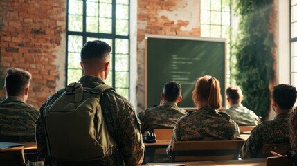A group of soldiers attending a financial literacy class as part of a military education program, learning to manage military benefits and scholarships