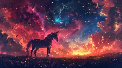 A beautiful unicorn stands beneath a vibrant, starry sky filled with colorful nebulae and glowing clouds, creating a magical fantasy scene.