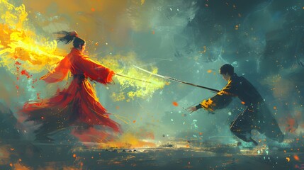 Two warriors engage in a heated sword duel, one wielding a flaming sword, in a dynamic, action-packed fantasy scene.