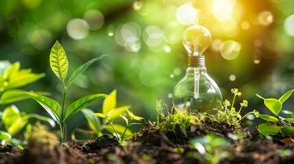 A glowing lightbulb surrounded by growing plants symbolizes sustainable energy and eco-friendly solutions in a lush, natural setting.