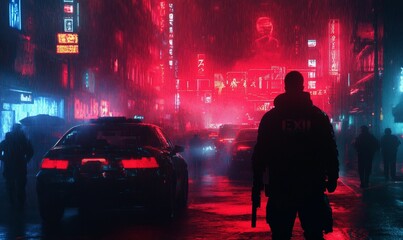 Silhouettes in a neon-lit, rainy city.