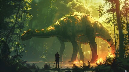 A lone figure confronts a massive, moss-covered dinosaur in a dense, glowing forest, creating a prehistoric and mystical atmosphere.
