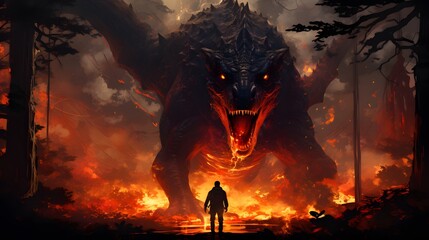 A lone figure faces an enormous, fire-breathing dragon in a burning forest, creating a scene of epic confrontation.