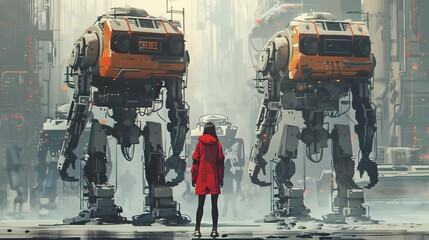 A lone woman in a red coat faces two towering robots in a dystopian, futuristic cityscape filled with technology.