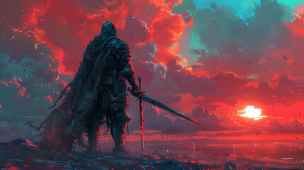 A lone armored knight, holding a sword, gazes at a vivid and fiery sunset, standing against a vibrant sky.
