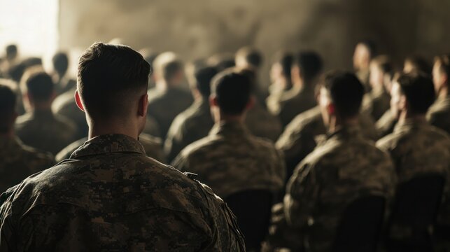 A group of soldiers attending a career development workshop, learning about military-to-civilian transition programs and post-service career paths