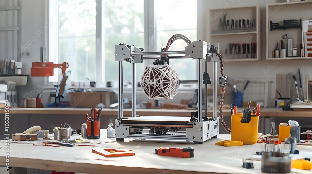 Poster 3d printer creating a geometric structure in a workshop