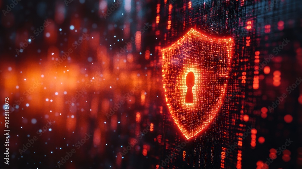 Poster digital shield with a lock symbol, representing cybersecurity and data protection.