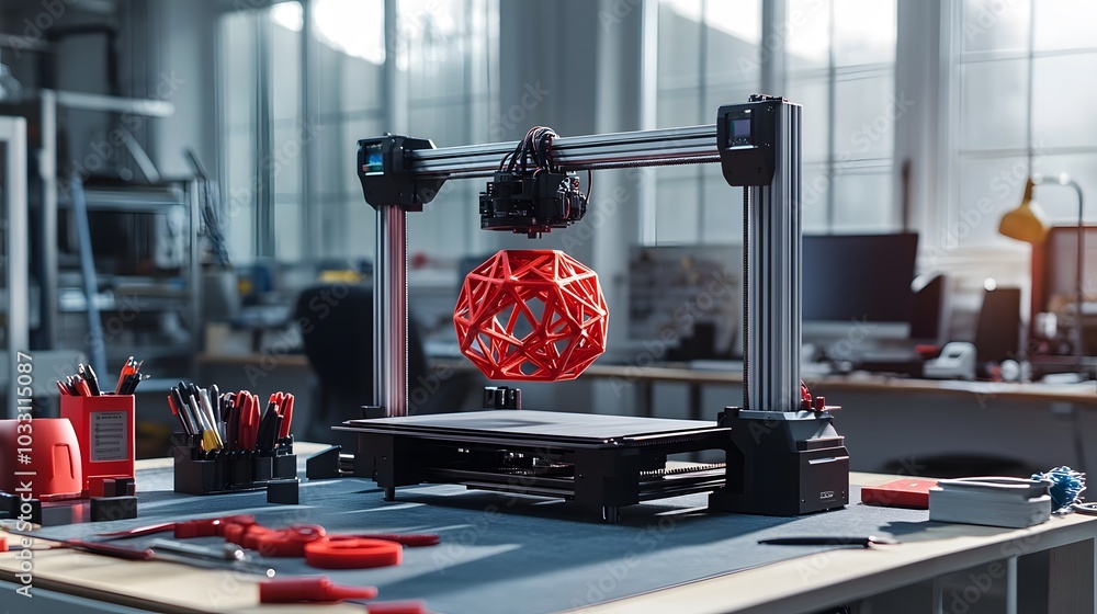 Poster 3d printer creating a red geometric sphere object