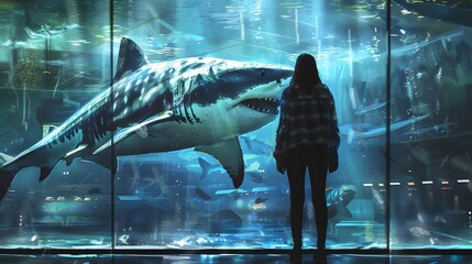 A person stands in front of an aquarium tank, watching a large shark swim up close, illuminated by the blue underwater light.