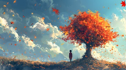 A person gazes up at a large, vibrant autumn tree as colorful leaves fall around, set against a bright blue sky.