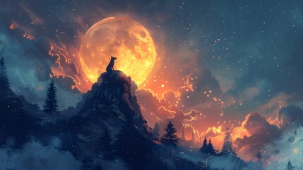 A wolf stands atop a mountain peak, silhouetted against a glowing full moon, surrounded by a starry night sky and dramatic clouds.