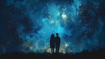 A couple stands together, gazing up at a stunning, star-filled night sky with glowing blue and cosmic patterns illuminating the scene.