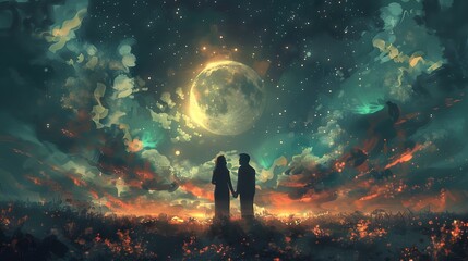 A couple stands hand in hand, silhouetted against a glowing full moon and a vibrant starry sky, surrounded by dreamy clouds.