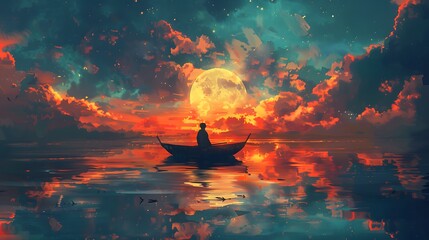A lone figure sits in a boat on calm water, gazing at a large full moon surrounded by vibrant clouds in a dramatic sky.
