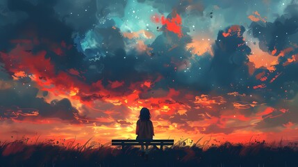 A person sits on a bench, gazing at a dramatic sunset sky filled with vibrant red and blue clouds, reflecting on the horizon.