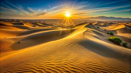 Naklejka premium Golden Sands of the Desert at Sunset, a Scenic Display of Rippling Dunes and a Glowing Horizon