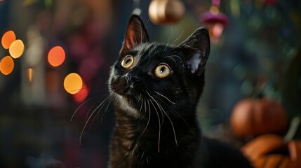 Fototapeta premium Whisker Wonders: AI-Dreamt Picture of a Cat Encircled by Haunting Halloween Items