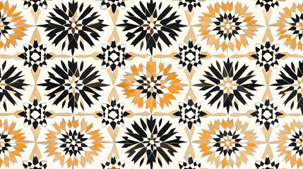 Intricate geometric pattern of black and orange tiles.