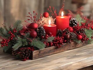 A wooden tray with red berries and candles on it