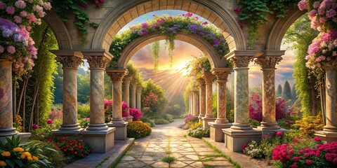 A stone archway with blooming flowers leads to a sun-drenched garden path, creating a sense of peace and tranquility.
