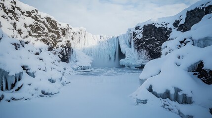 Fototapeta premium A frozen waterfall cascades down a snowy cliff face, creating a beautiful winter landscape.