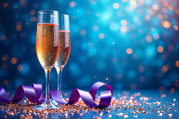 Two champagne glasses filled with sparkling liquid, placed on a table adorned with purple ribbons and confetti.